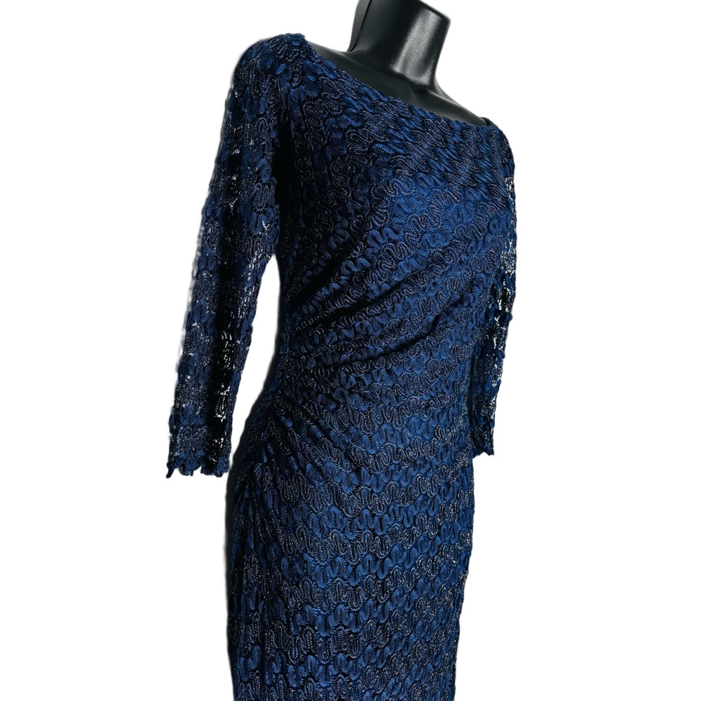 David Meister Navy Blue Lace with Gold Metallic Midi Designer Dress - Picture 6 of 8